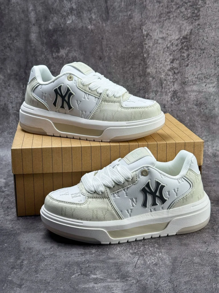 MLB Chunky Liner NY Monogram White Platform Sneakers for Women and Men Trendy Retro Casual Shoes