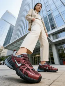 Nike V2K Run Burgundy-Minimalist Office Look