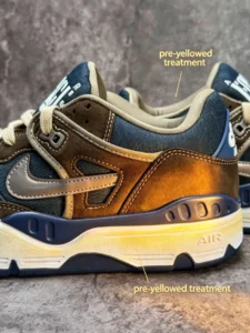 The midsole features a pre-yellowed treatment to replicate natural aging.