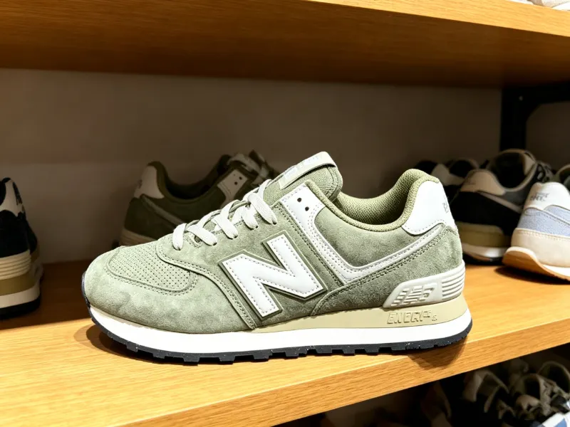 Retail-ready the New Balance 574 in a store setting, highlighting its shelf appeal