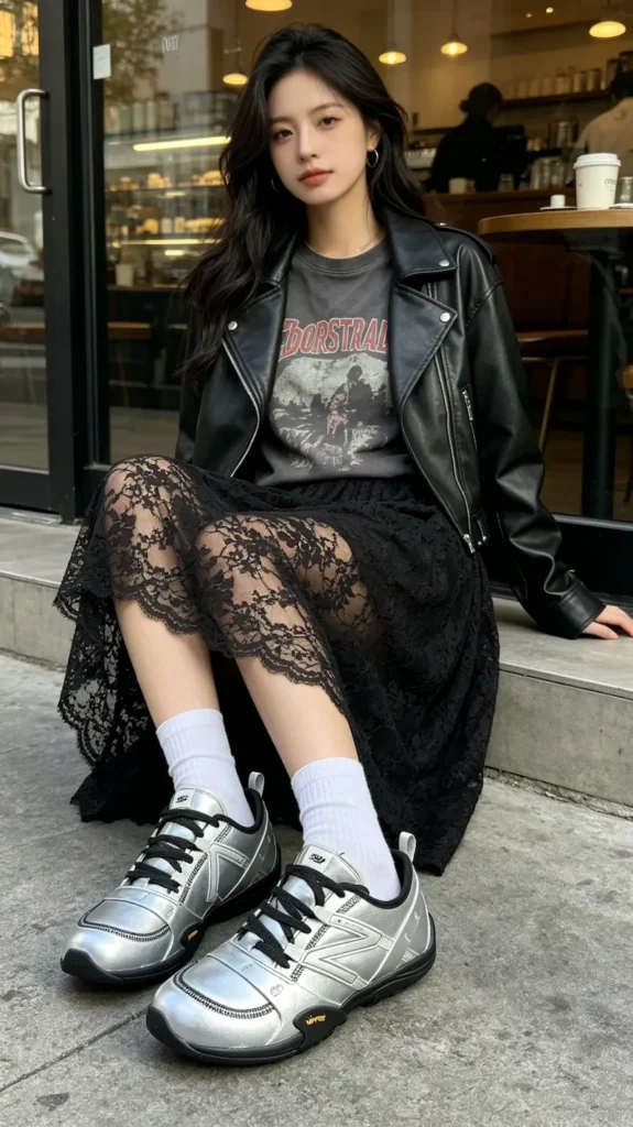 Delicate lace fabric against reflective metallic shoe upper