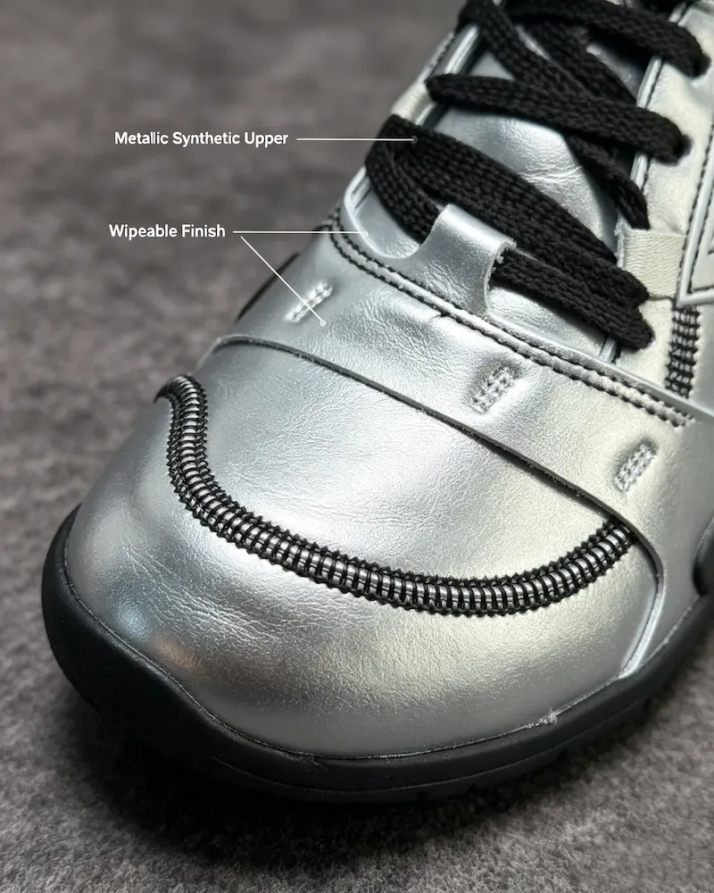 Industrial contrast zipper-style stitching & wipeable metallic synthetic leather upper