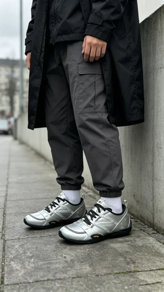 Minimal utilitarian daily uniform – silver trainers as subtle color pop against all-neutral fits